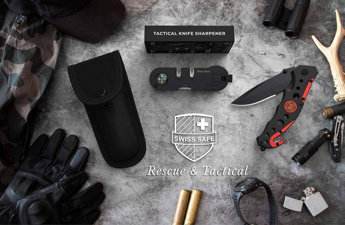 Swiss Safe 3-in-1 Tactical Knife for Military and First Responders - Fire Department Red