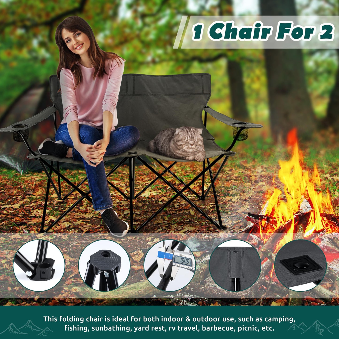 HaSteeL Foldable Camping Chair, Double Seat Folding Camp Chair for 2 Persons, Portable & Large for Outdoor Fishing, Hiking, Travel, Picnic, Beach, Lawn, Patio, Include Storage Bag (Grey)