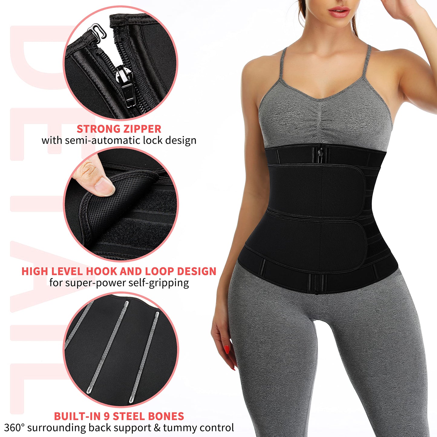 KIWI RATA Neoprene Sauna Waist Trainer Corset Sweat Belt with 2 Straps for Women Double Compression Workout Cincher Back Support Fajas,#2 Zipper Black,X-Small