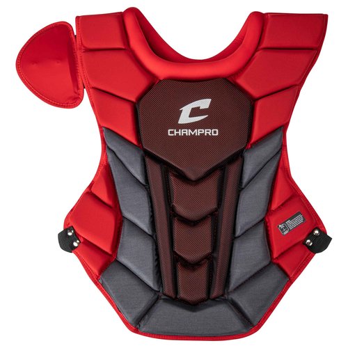 CHAMPRO Optimus Pro Plus Ergonomic Baseball Catcher’s Chest Protector for Commotio Cordis with Removeable Shoulder Cap, 16.5", Scarlet Red