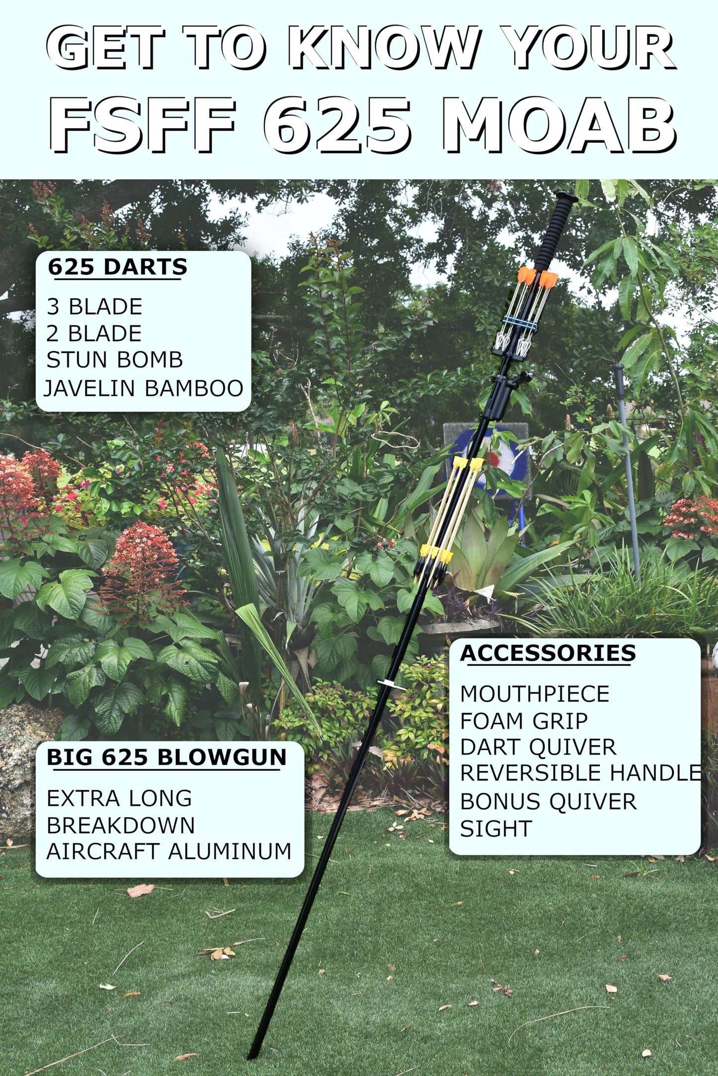FSFF 625 Blowgun 7 ft. Moab, Mother of All Blowguns, Complete Shooting System, All You Need, Modular 7/6/3.5ft Blow Pipe 40 darts-10x 3-Blade, 2-Blade, Bamboo & Stun 625 Cal Tube Moab Complete kit