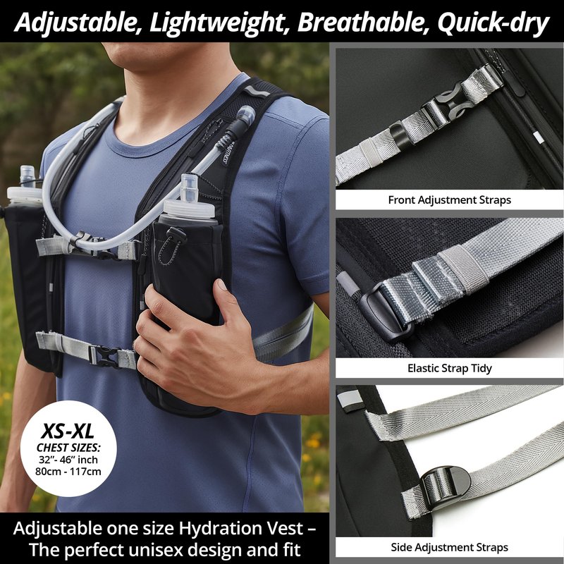Running Hydration Vest for Women and Men 8 Pocket, Black Vest with 1.5L Bladder + 2X 500ml Soft Flasks Quick Dry, Water-Resistant, Breathable, Adjustable Backpack for Runs, Hiking, Cycling, Marathons