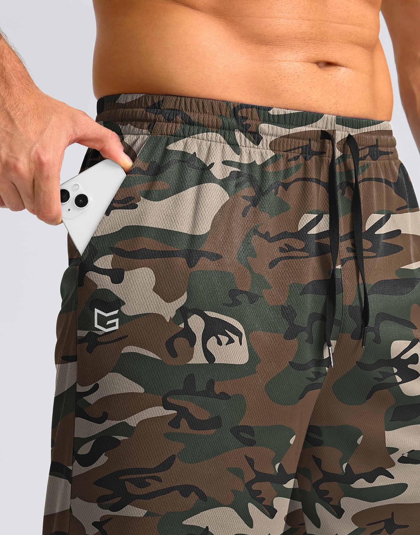 G Gradual Men's Athletic Shorts with Pockets 9" / 11" Long Basketball Shorts Lightweight Quick Dry Gym Workout Shorts for Men(Green Camo,L)