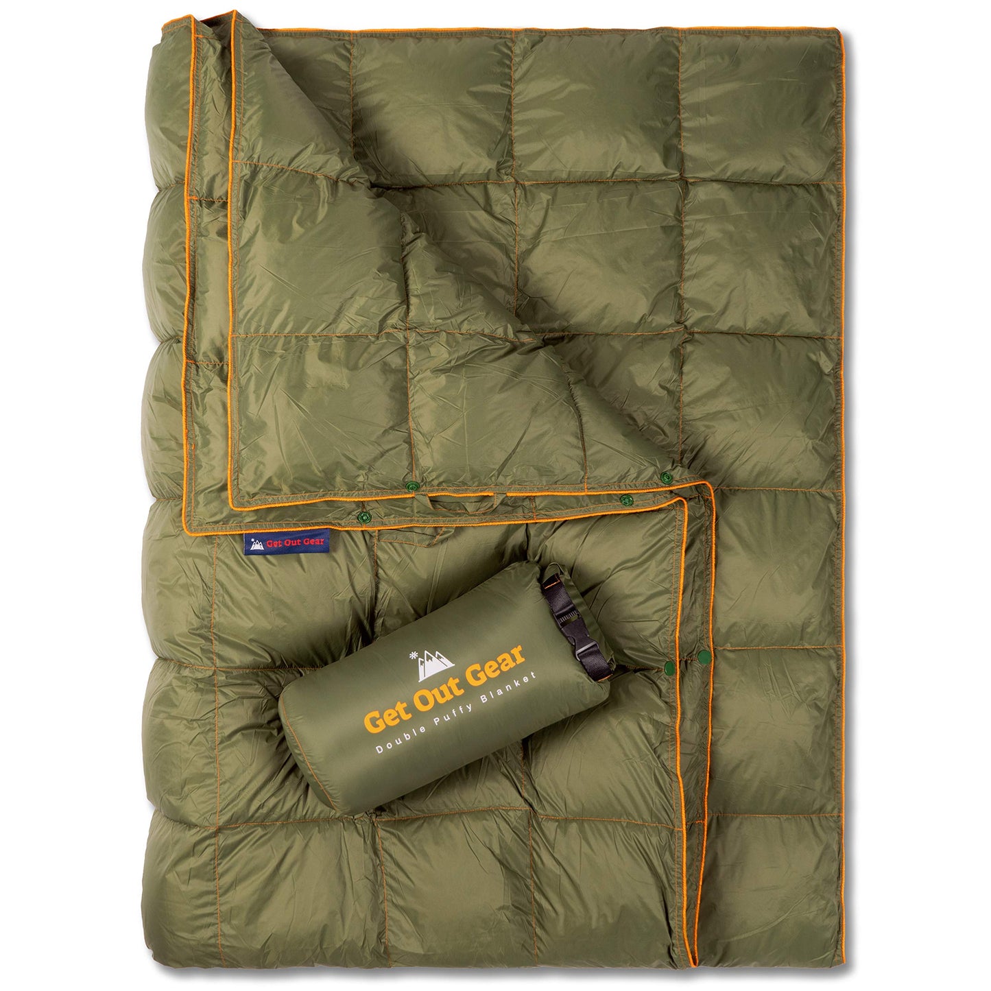 Get Out Gear Double Puffy Camping Blanket - Extra Puffy, Packable, Lightweight and Warm | Ideal for Outdoors, Travel, Stadium, Festivals, Beach, Hammock | Water-Resistant Camp Quilt (Olive/Orange)