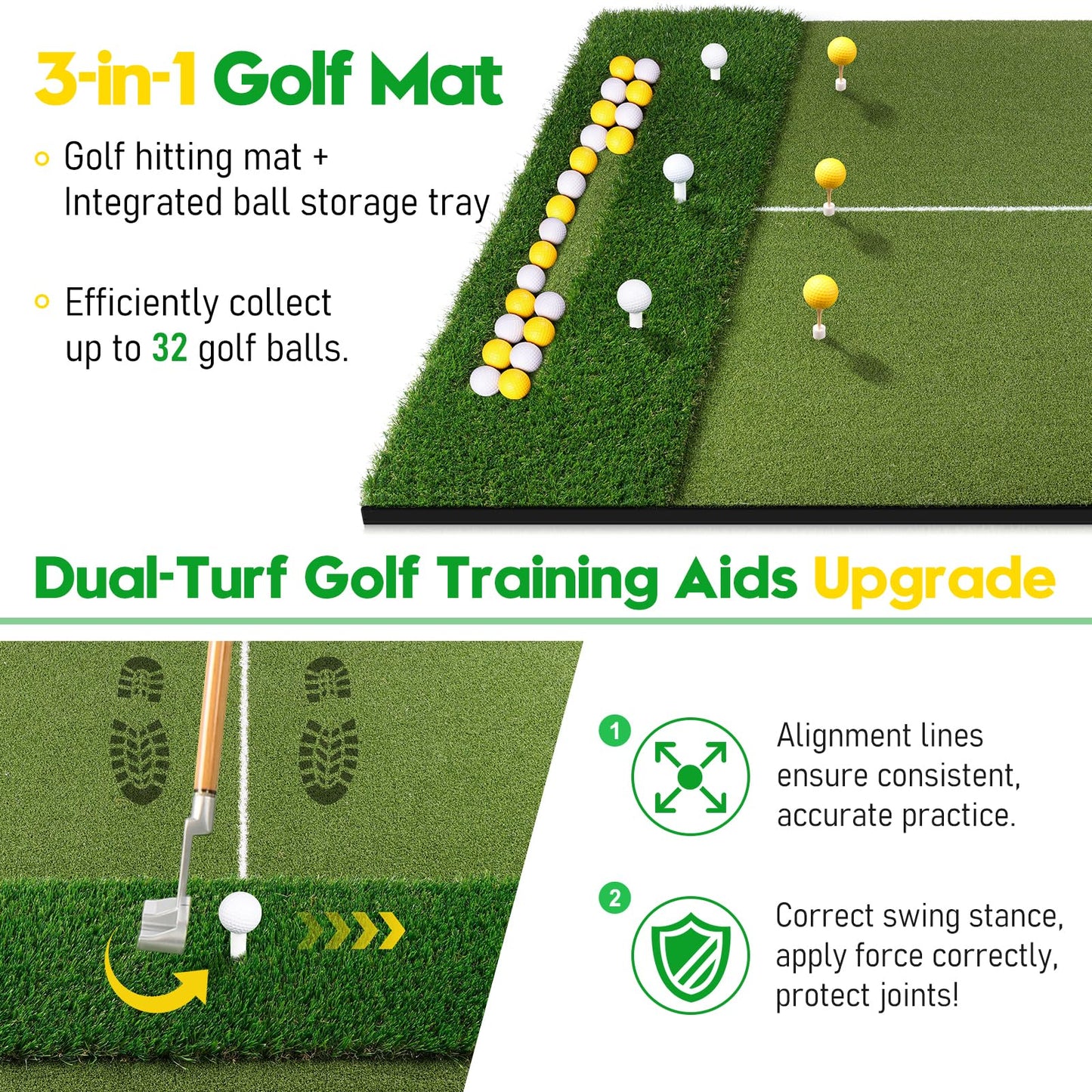 Golf Mat with Ball Tray, 5x4ft Dual Turf Golf Hitting Mats Practice Outdoor Indoor for Backyard Driving Range Simulator Mat, Golf Chipping Swing Training Aid Mat with 10 Golf Balls 9 Tees