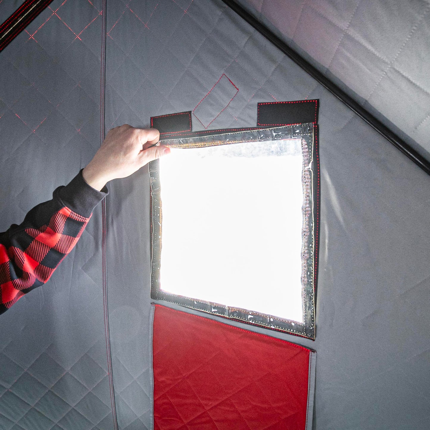 Eskimo QuickFish™ 3HD, Pop-Up Portable Shelter, No-Trip Door, Red/Black, Fully Insulated, Deluxe Ice Anchors, Three Person, Ice Fishing Shelter, 46075