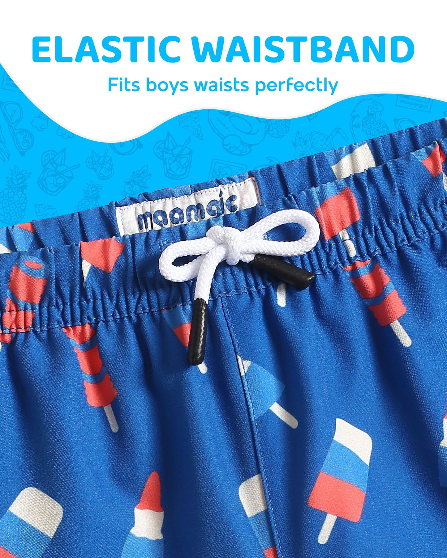 maamgic Boys Swim Trunks with Compression Liner Toddler Boy Swimsuit Quick Dry 4-Way Stretch Swimming Trunks Ice Cream Ocean Blue 10-12 Years