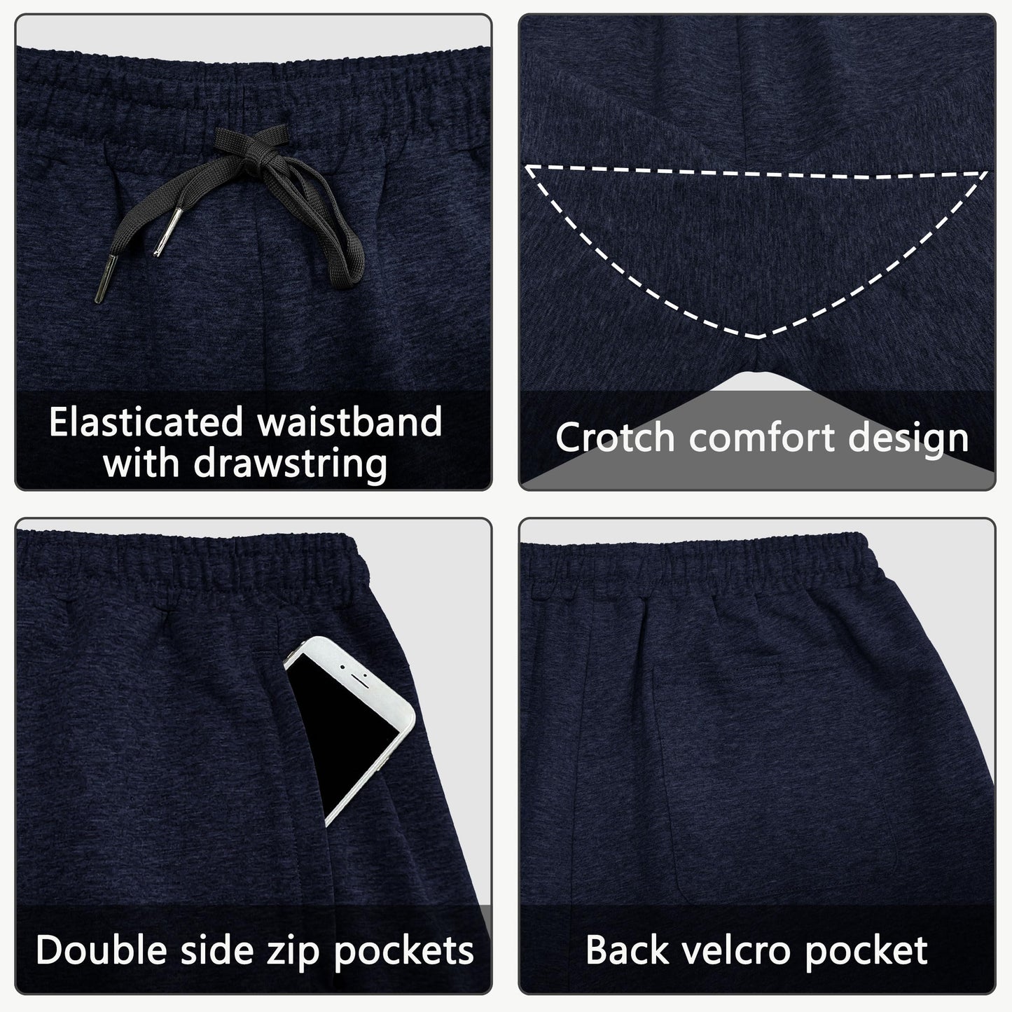 JWM Men's 7" Cotton Sweat Shorts - Ultra Soft Fleece Lounge Short with Zipper Pockets Elastic Waistband for Home Casual Navy