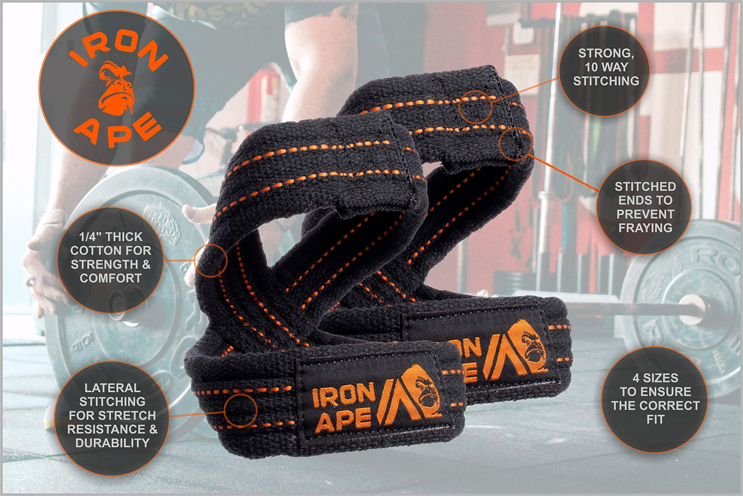 IRON APE Figure 8 Straps for Deadlift, Weight Lifting, Shrugs, and Weightlifting. Heavy Duty Cotton, 4 Sizes (M)