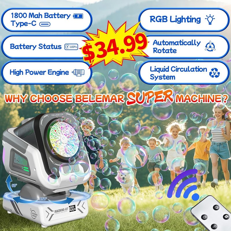 Upgraded Bubble Machine - Remote Control & RGB Lights | Rechargeable 1800mAh Battery for Kids' Parties & Outdoor Fun