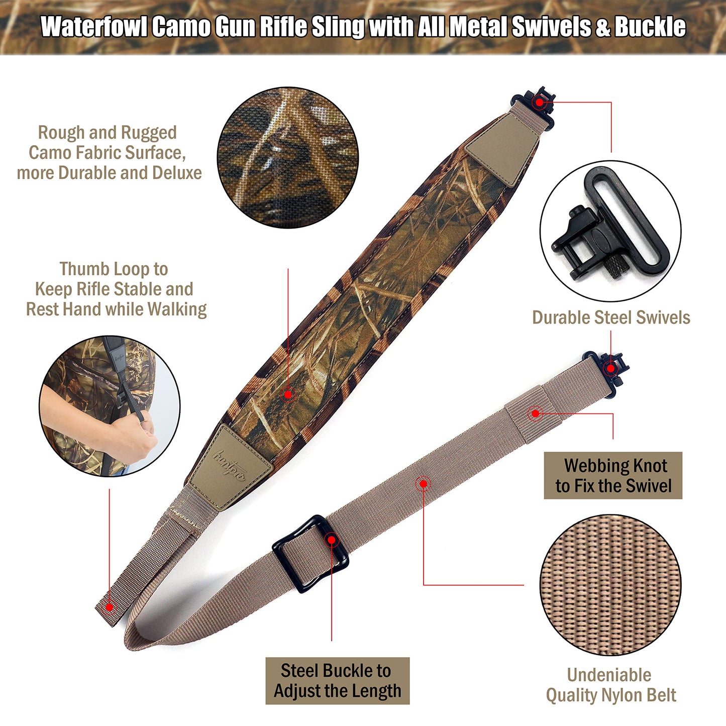 HUNTPAL 2 Point Gun Sling with Swivels, Fit for Crossbow, Rifle & Shotgun