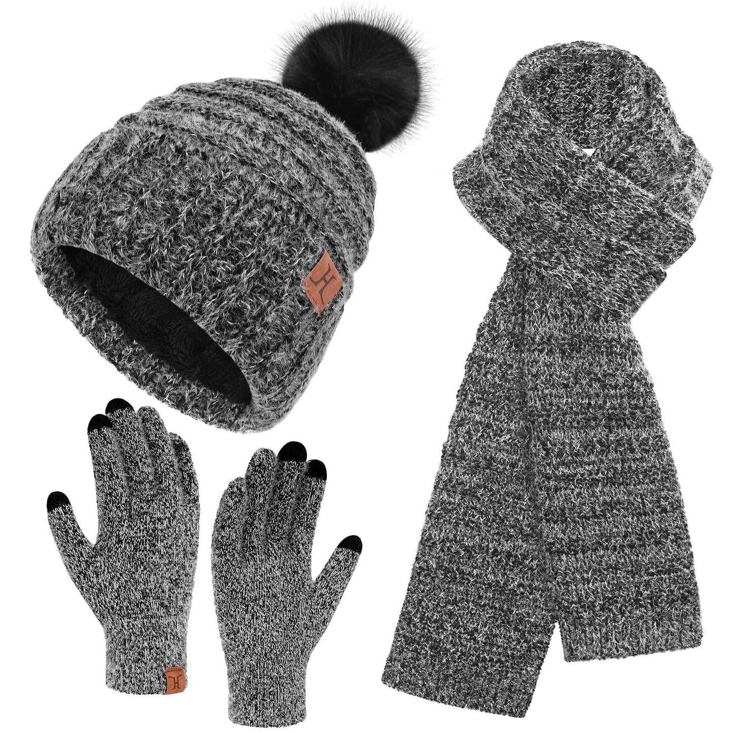 Womens Winter Hats Beanie Touchscreen Gloves Long Scarf Set Knit Warm Caps with Pom Fleece Gifts for Women