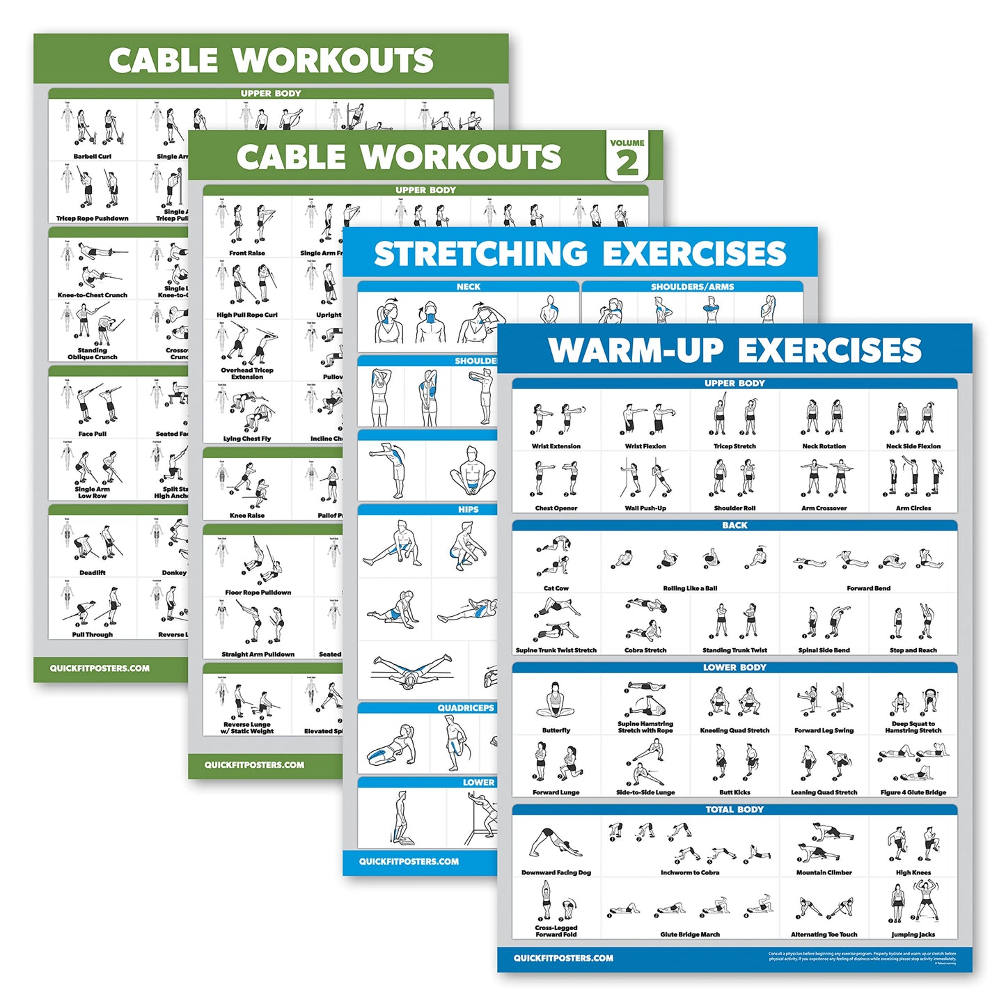 Palace Learning 4 Pack - Cable Machine Workout Posters Volume 1 & 2 + Stretching Exercises + Warm Up Exercises (LAMINATED, 18" x 24")