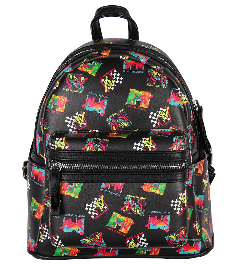 INTIMO MTV Music Television '80s Logo Tossed Print Zippered Mini Small Backpack Bag 10."