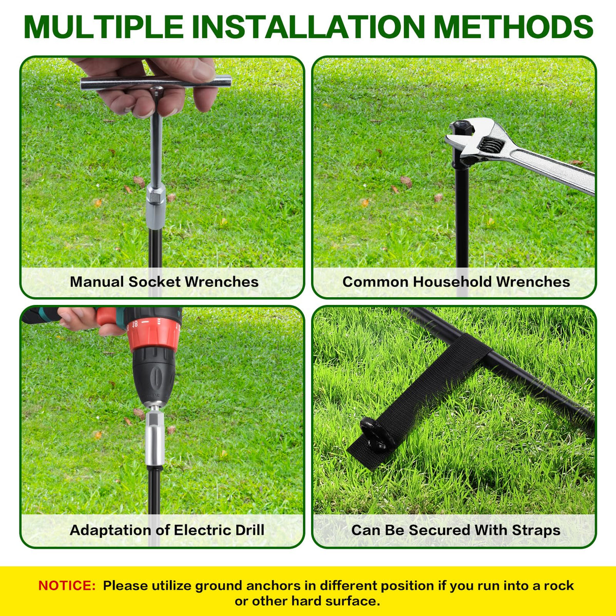 Qimshemi 18-Inch Ground Anchors Screw In Heavy Duty, 4 Pack Trampoline Anchors & Stakes High Wind With Wrenches And Straps, Earth Anchors Kit For Swing Sets, Sheds, Camping Tent, Canopies, Mobile Home