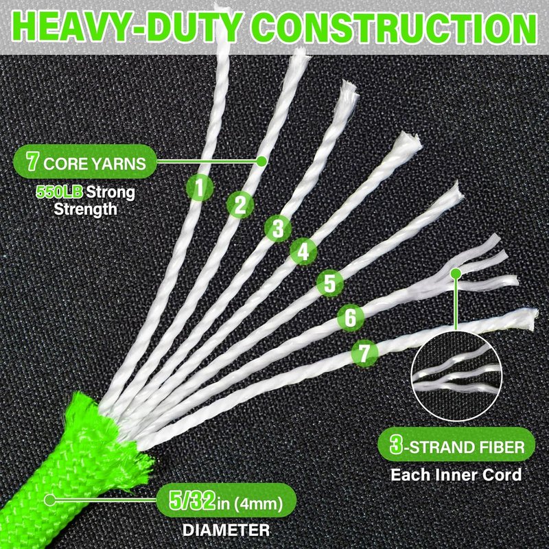 Paracord Rope 550 lb - 50ft Heavy Duty 7-Strand Parachute Cord | Neon Green Survival & Camping Gear