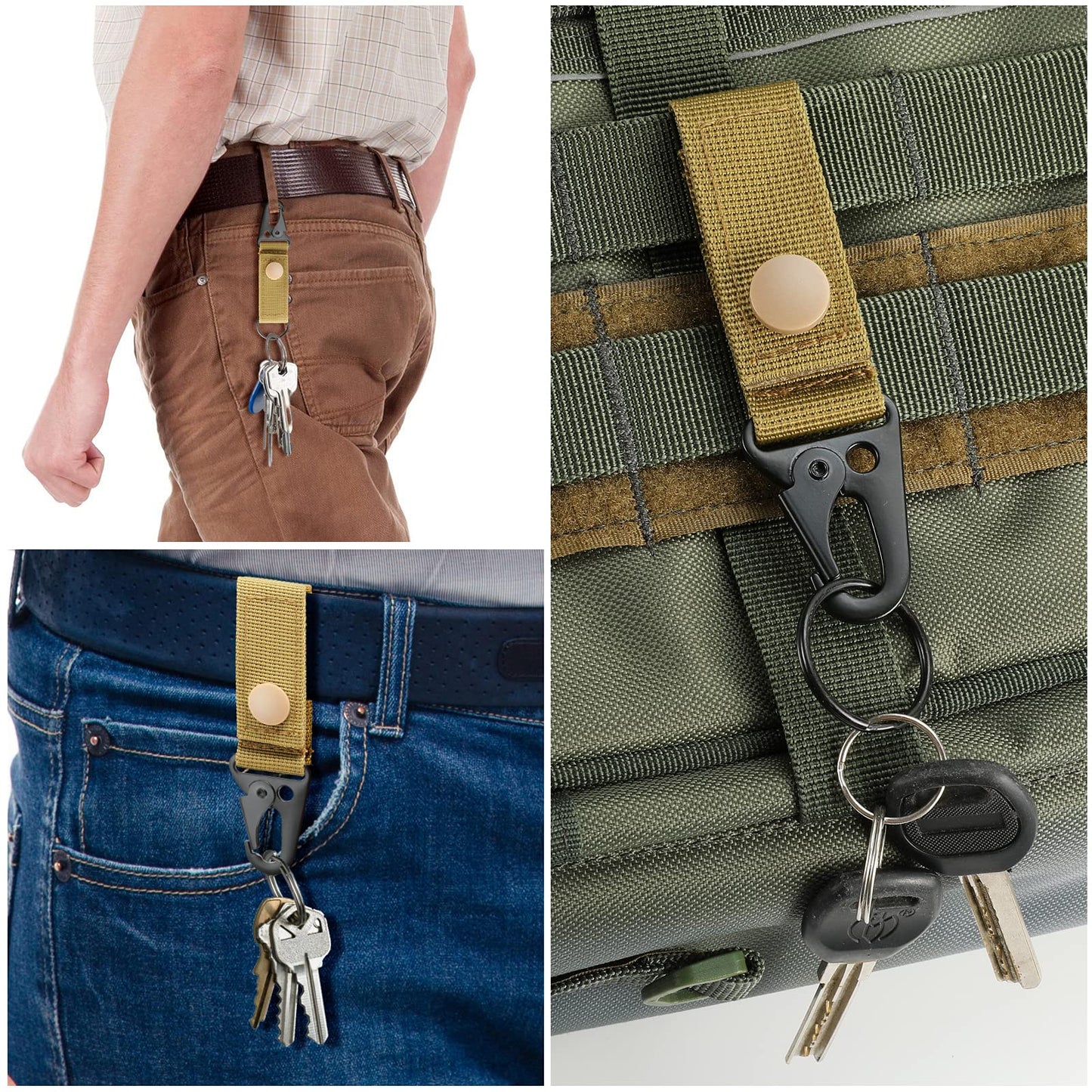 FRTKK Tactical Molle Key Ring Gear Key Keeper Nylon Belt Keychain Molle Webbing Key Clip Buckle for Belts Molle Bags Tactical Backpack Vest (Tan - (Pack of 2))