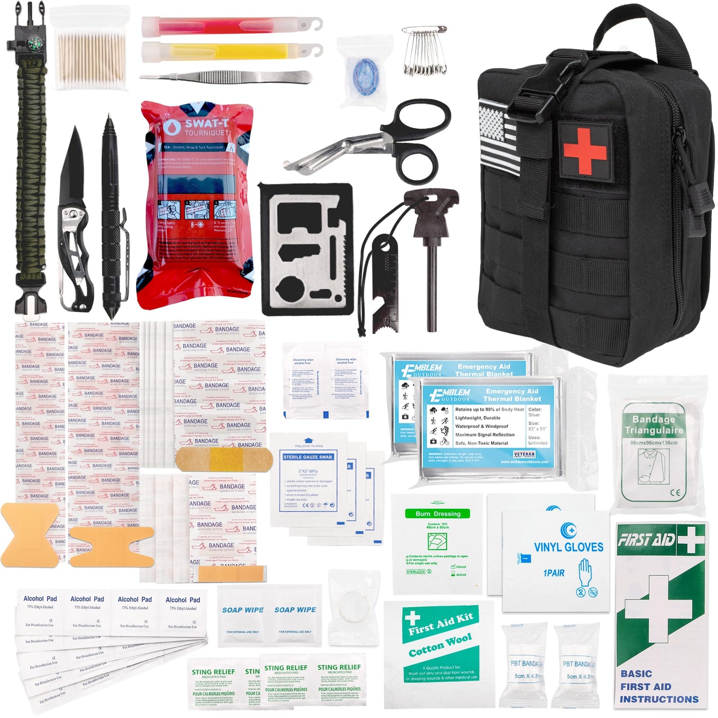 Emblem OD 242 Piece First Aid Survival Kit with Tourniquet | MOLLE Pouch with Paracord | Camping Hunting Hiking and Emergency Preparation | Survival Gear | Car First Aid Kit | Black
