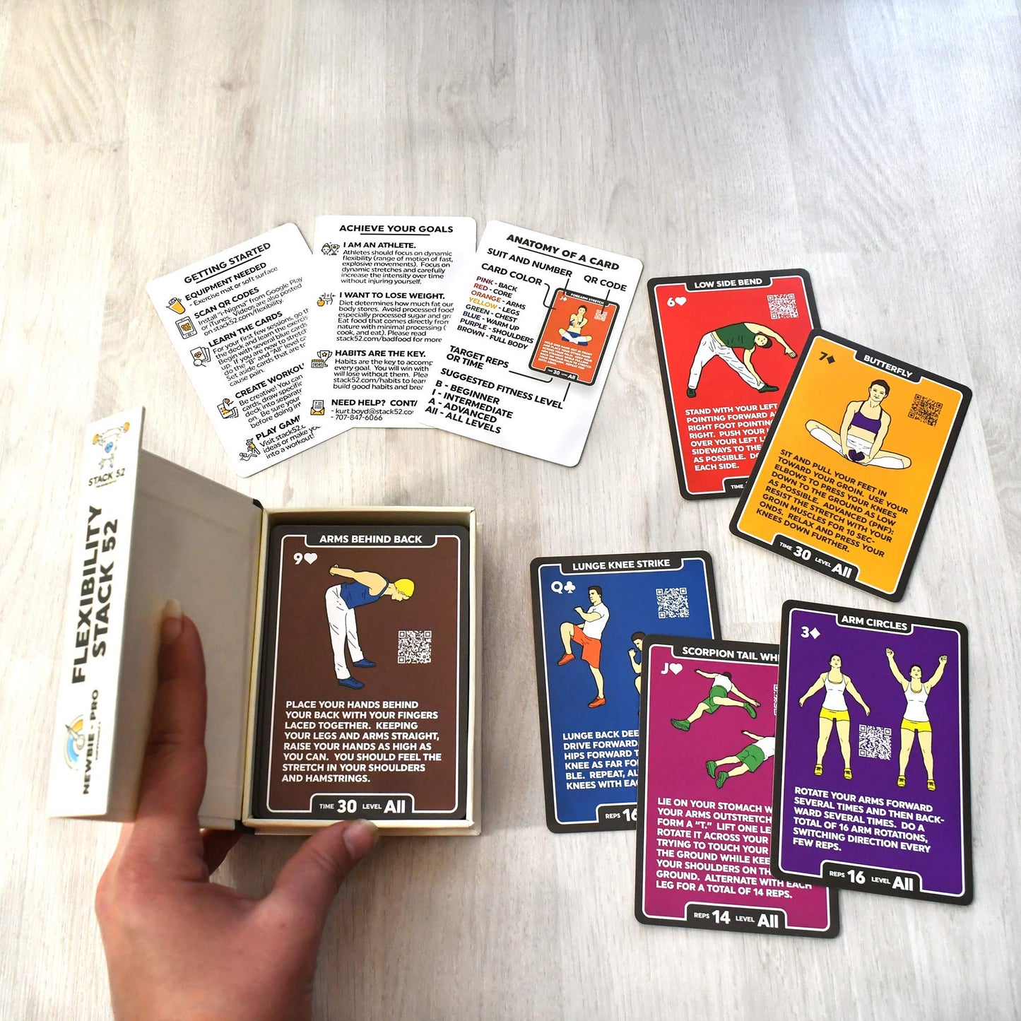 Stack 52 Flexibility Exercise Cards. Learn Static and Dynamic Stretches.