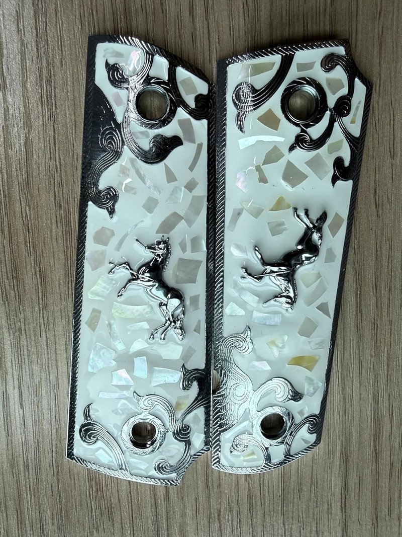 Full Size 1911 Grips - Pearl Resin with Metal Horse & Mexican Tricolor Flag Design | Durable and Stylish
