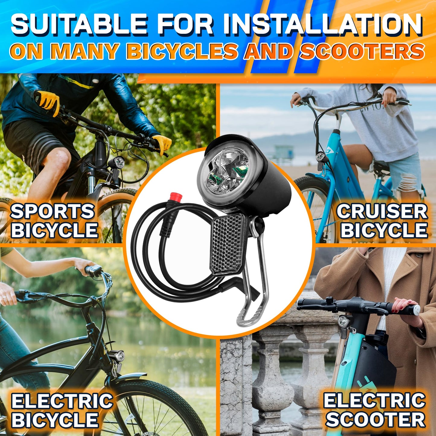 Headlight for Ebike 2 Pin Connector 6-60V - Easy to Install Ebike Light with LED Bulb and Reliable Stainless Steel Bracket, 20 Lm Lights Output, Weather Resistant - E Bike Light for Night Riding
