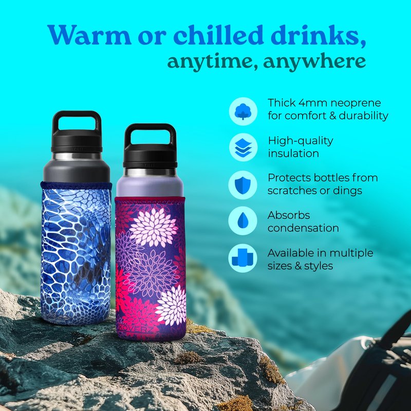 Koverz Water Bottle Sleeve, Neoprene Insulated Bottle Sleeve, Fits 24-30 Oz. Water Bottle, Washable and Reusable, Large Size, Hibiscus