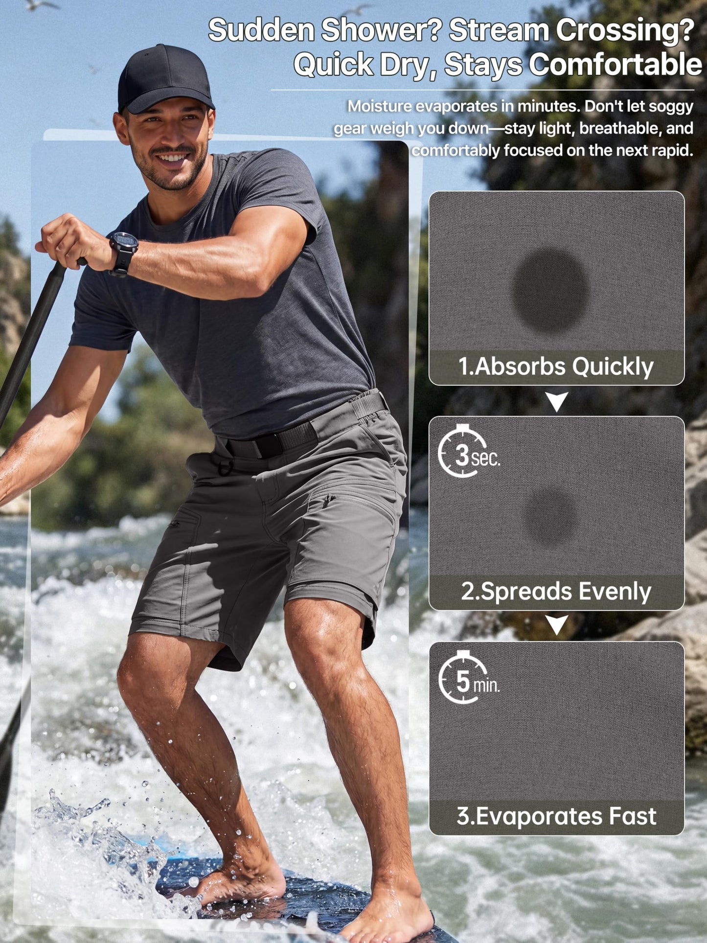 FREE SOLDIER Men's Cargo Hiking Shorts with Belt Lightweight Quick Dry Tactical Shorts with Pockets for Casual Work Golf(Gray,34W x 12L)