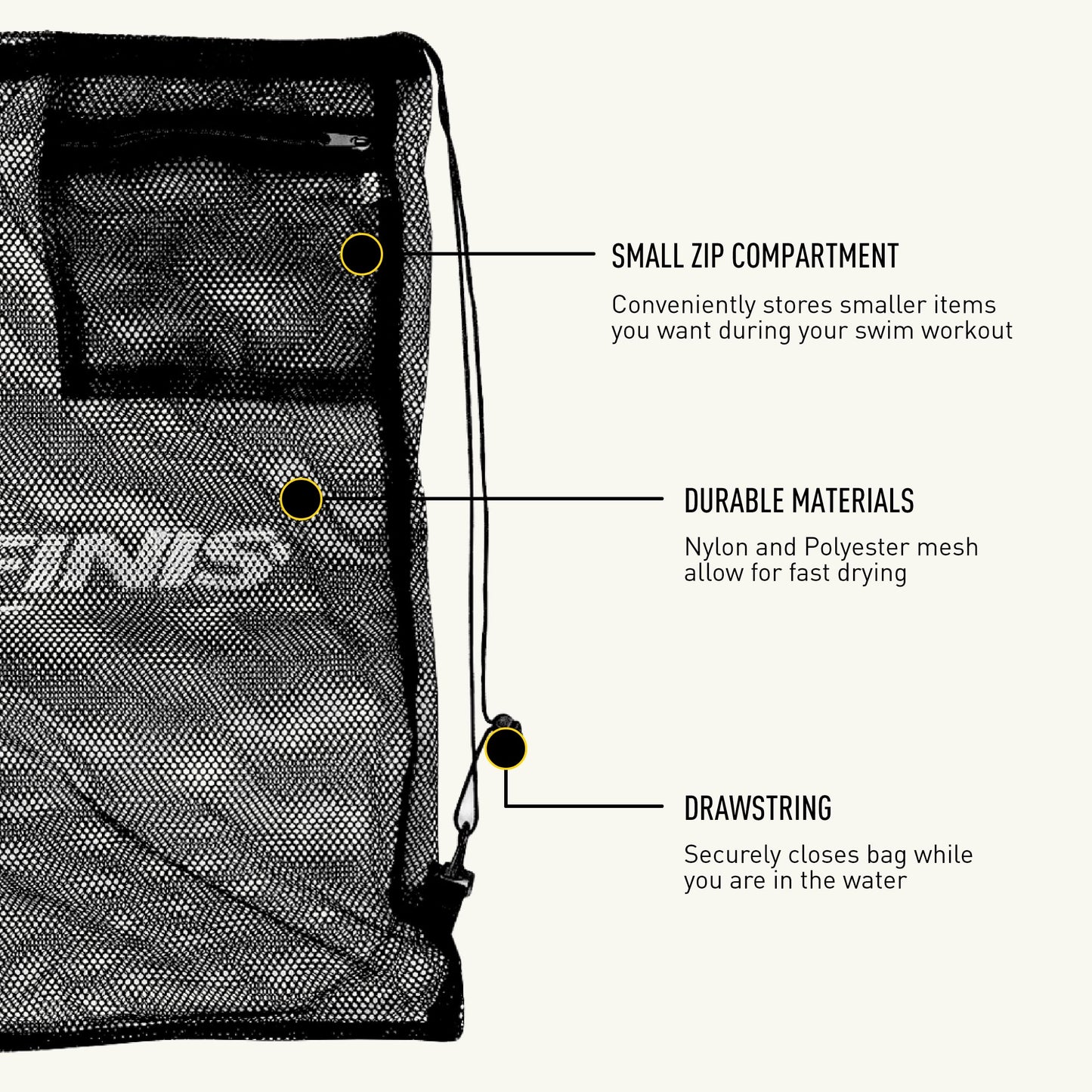 FINIS Mesh Gear Bag - Mesh Swim Bag for Swim Gear and Accessories - Pool Bag to Hold Goggles, Swim Fins, and Snorkels - Black