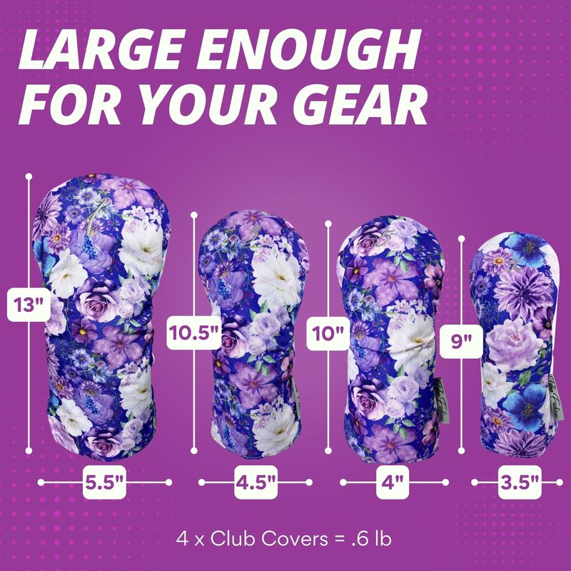Taboo Fashions Designer Resort Golf Club Covers for Women - Numbered Golf Headcovers Set for Driver, Woods & Hybrid - Weather/Moisture Resistant Protection, Pack of 4 (Purple Petals)