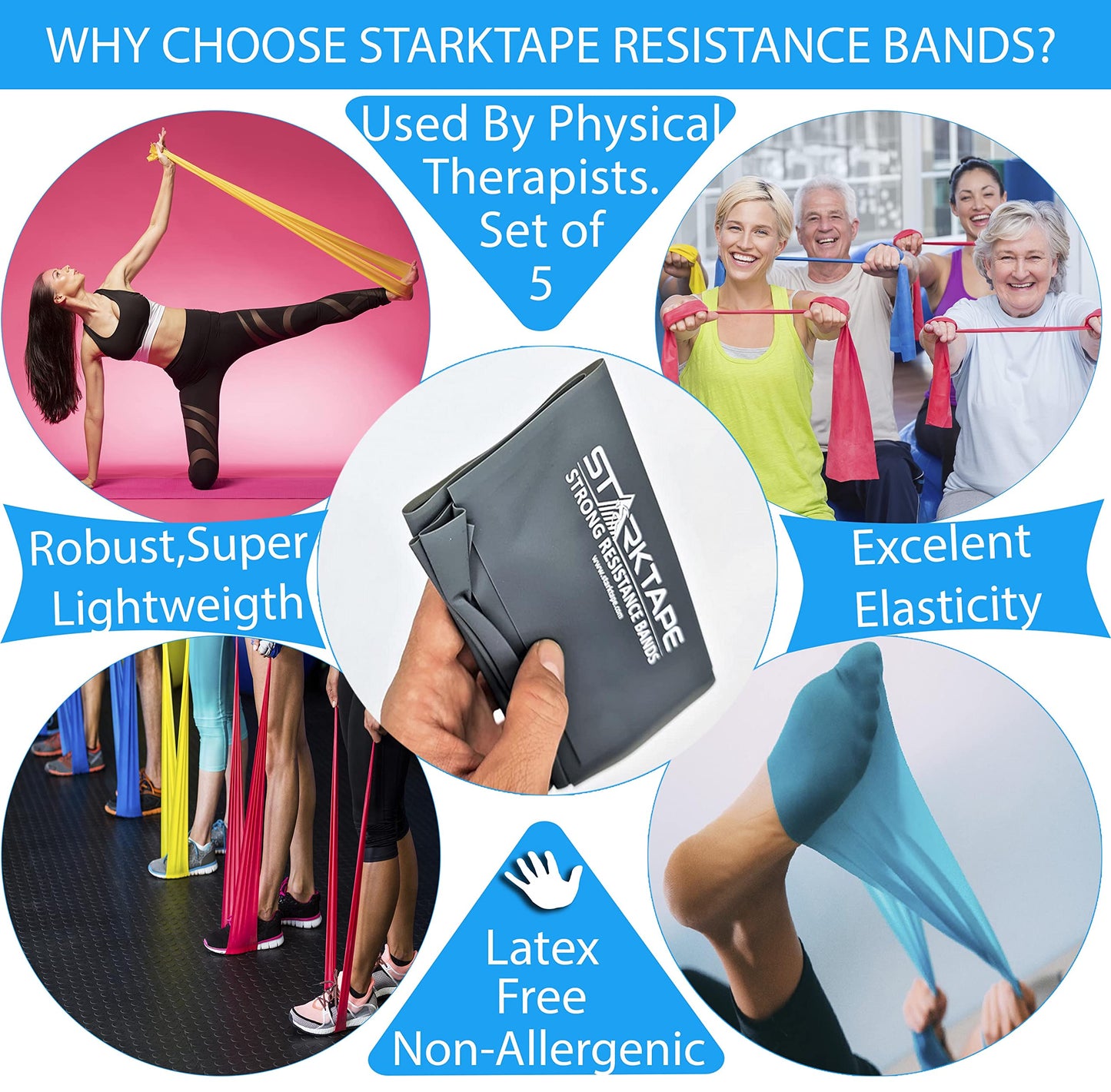 Resistance Bands Set. 5 Pack Non-Latex Physical Therapy, Professional Elastic Band. Perfect for Home Exercise, Workout, Strength Training, Yoga, Pilates, Rehab or Gym Leg Upper, Lower Body