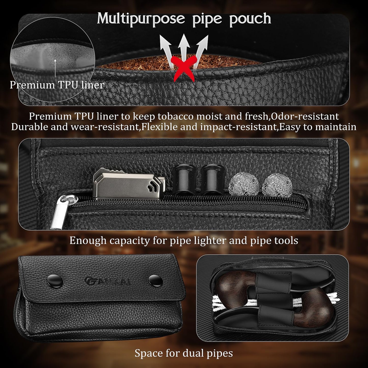 Pipe Set, Complete Wood Pipe Kit – Refillable Butane Lighter with Stand, 3 in 1 Cleaning Tools, 2 Filter Balls, Pipe Bits, 5 Pipe Cleaners, Portable Pouch, Pipe Gift Set for Beginners & Travel