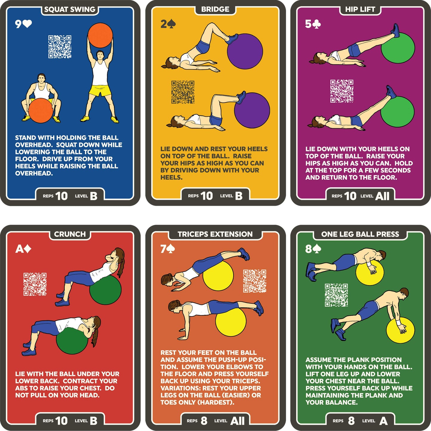 Stack 52 Exercise Ball Fitness Cards. Swiss Ball Workout Playing Card Game. Video Instructions Included. Bodyweight Training Program for Balance and Stability Balls. (2019 Updated Deck)