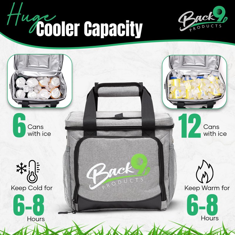 Back9Products Golf Cart Cooler Bag with Magnetic Lid - 12 Can Soft Sided Insulated Cooler, Leakproof & Waterproof - Portable Cooler - Push Carts, Work, Camping, Travel, Men & Womens Gifts (Black)