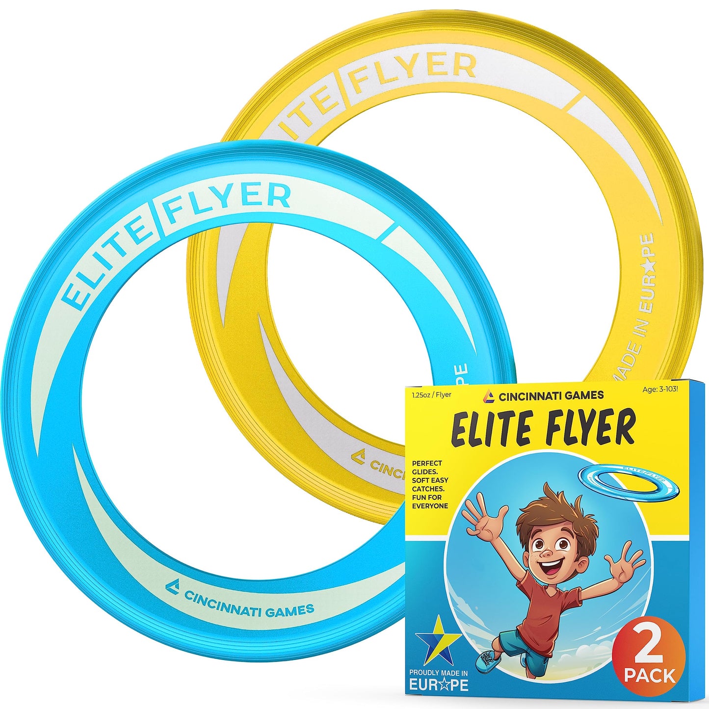 JANSKA 2-Pack Kids' Frisbee Rings - 85% Lighter Than Standard Frisbees for Kids - Ideal for Outdoor Games, Camping, Beach, Pool, Yard, and Summer Fun - Safe and Lightweight Flying Discs, Cyan/Yellow