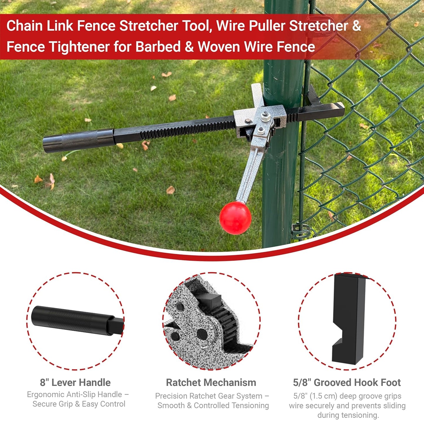 Heavy-Duty Chain Link Fence Stretcher Tool - One-Person Operation for Easy Installation & Repair | 9" Ratchet Range