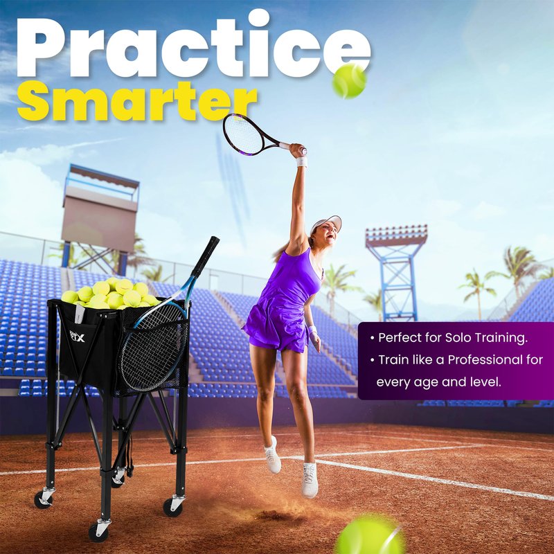 RPTX Tennis Ball Cart | Pickleball Ball Hopper | 150 Ball Capacity | Multiple Storage Pockets | Carrying Bag | Sturdy Pickleball Cart with Wheels | Ball Caddy for Practice & Training