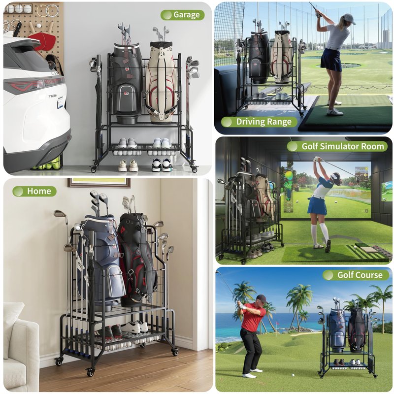 Fitpoint Golf Bag Storage Garage Organizer Golf Bag Stand Fits 2 Bags Extra Clubs Balls Shoes Golf Equipment Accessories Golf Storage Rack for Garage Club Shed