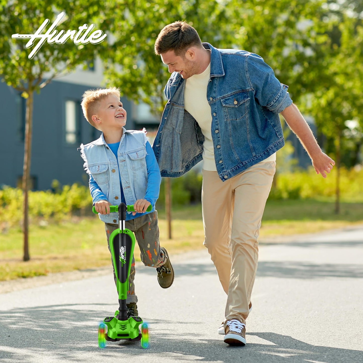 Hurtle 3 Wheeled Scooter for Kids - 2-in-1 Sit/Stand Child Toddlers Toy Kick Scooters w/ Flip-out Seat, Adjustable Height, Wide Deck, Flashing Wheel Lights, For Boys/Girls 1 Year Old+ (Green)