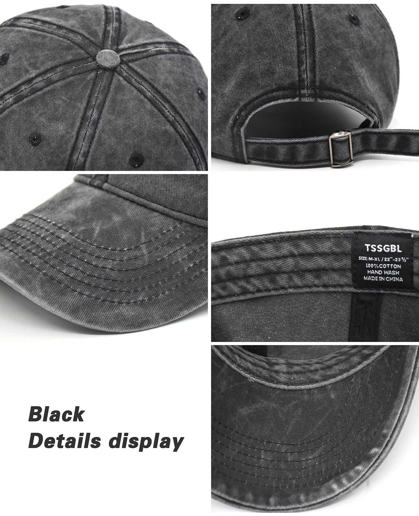TSSGBL Vintage Cotton Washed Baseball Cap S to XXL Unstructured Low Profile Adjustable Distressed Dad Hat for Men Women