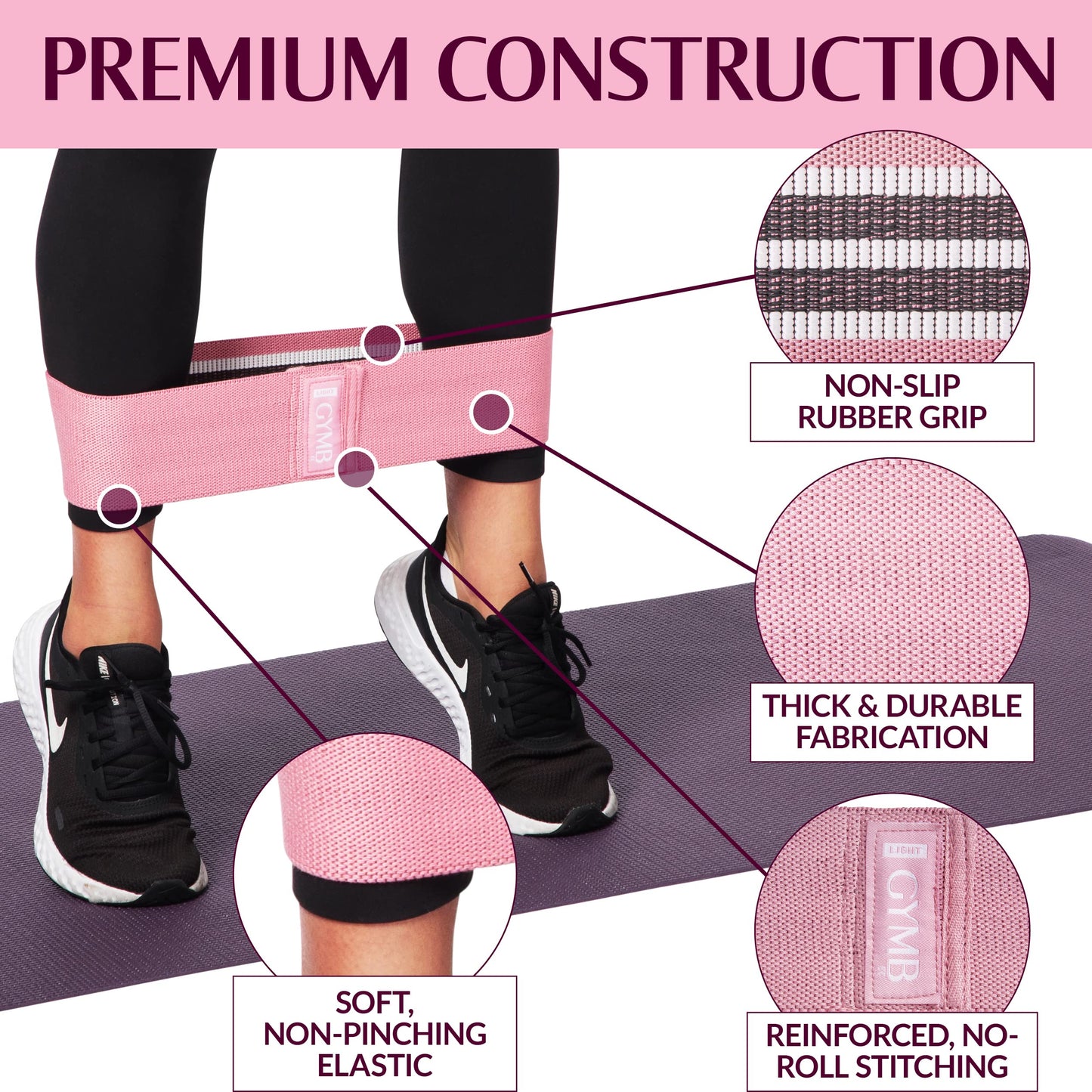 Gymb Premium Resistance Bands for Working Out - Exercise Bands to Workout Glutes, Thighs & Legs - Non Slip Cloth Booty Bands, Yoga, Strength & Pilates for Men/Women (3 Levels, Black Pink, Grey)