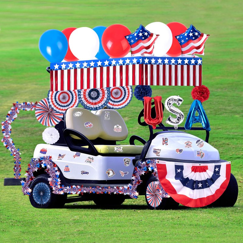 106 Pcs 4th of July Golf Cart Decorations Kit, Patriotic Parade Car Decoration, Red White Blue Tinsel Garlands, Pleated Fan Flag, Paper Fans, Pom Poms, Balloons for Independence Day Memorial Day