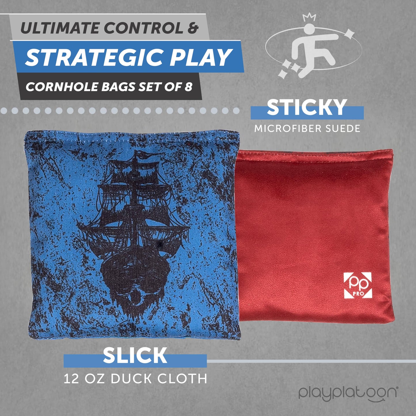 Play Platoon Professional Cornhole Bags Set of 8 - Regulation All Weather Double Sided Pro Corn Hole Bags - Sticky Side/Slick Side for Pro Cornhole Game - Red/Blue Kraken Pirate