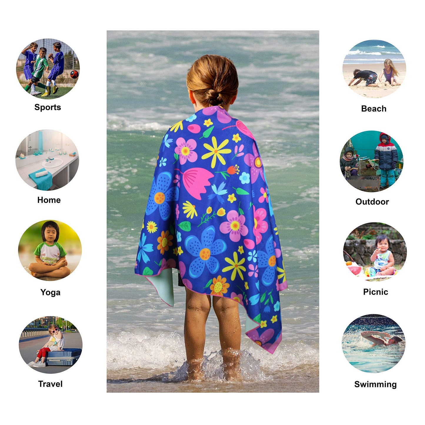 Microfiber Beach Towel for Kids - Thin and Large (30"x60") - Floral - Absorbent, quick dry, sand free, lightweight, blanket - toddler, girls, boys - For Sports, Pool, Picnic, Camping, Travel, Swim