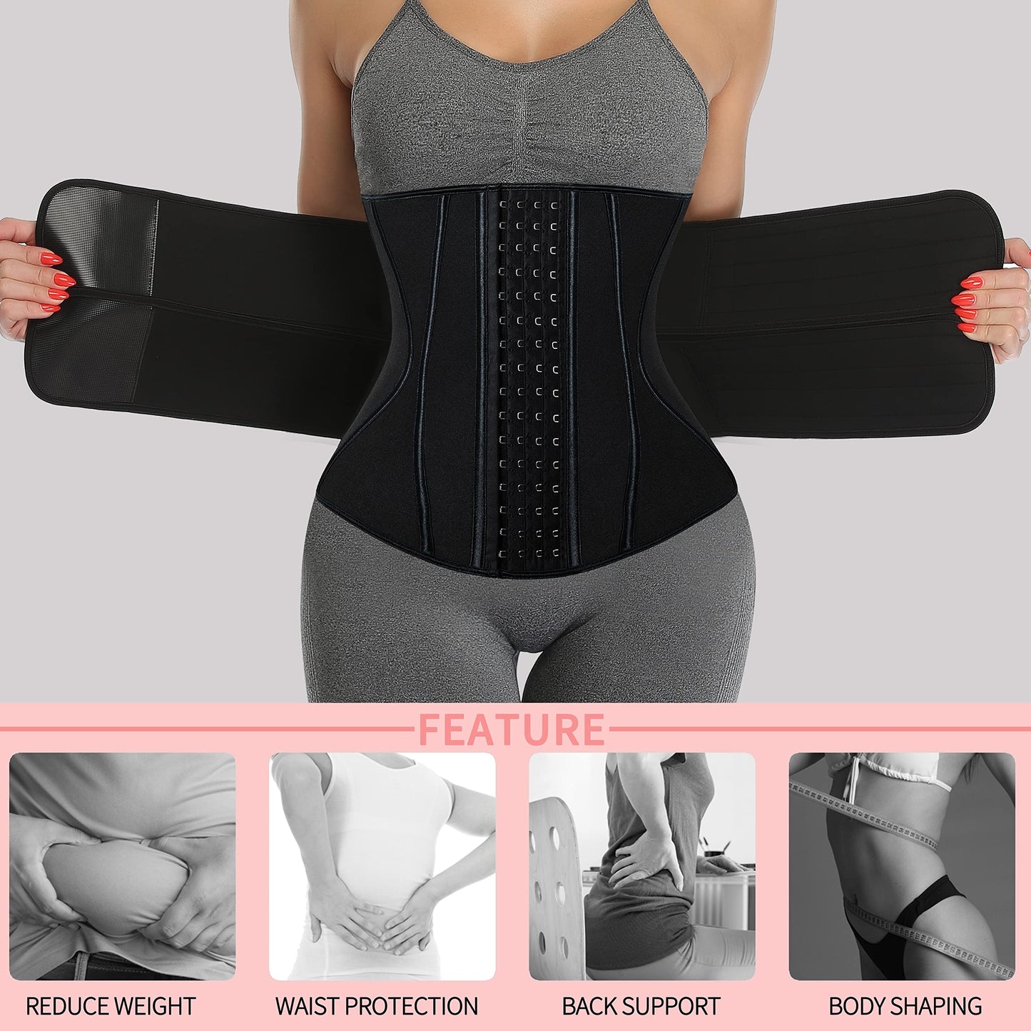 KIWI RATA Neoprene Sauna Waist Trainer Corset Sweat Belt with 2 Straps for Women X-bones Compression Workout Fitness Double Cincher Belts,#3 Hooks Black,Medium