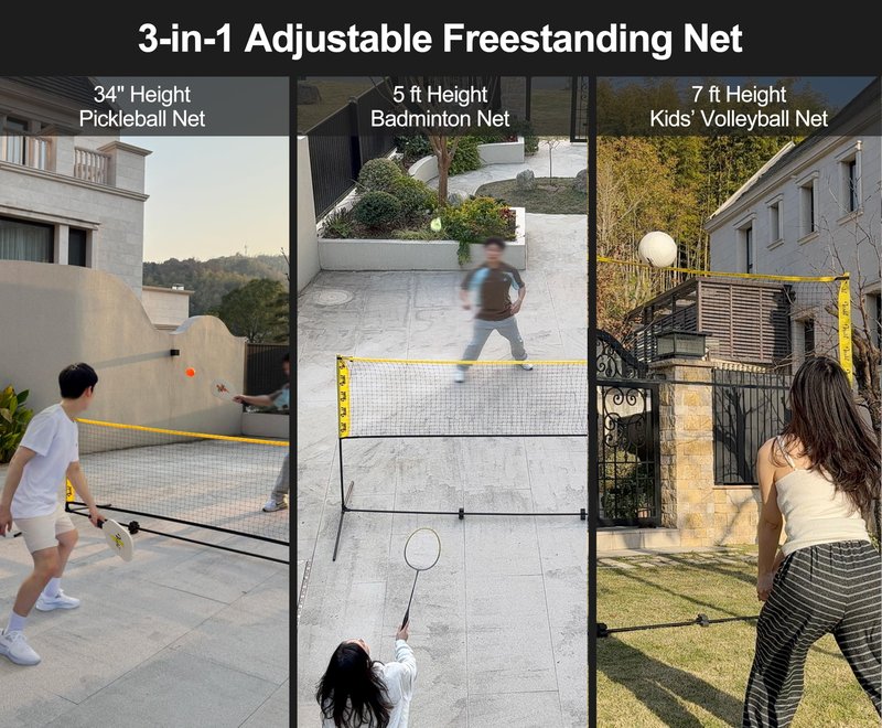 VSSAL 3-in-1 Portable Badminton, Volleyball & Pickleball Net Set for Adults, Adjustable Height 34"–7 ft for Backyards or Beach, Outdoor Sports Combo with Carry Bag, Rackets, Paddles & Balls (10 ft)