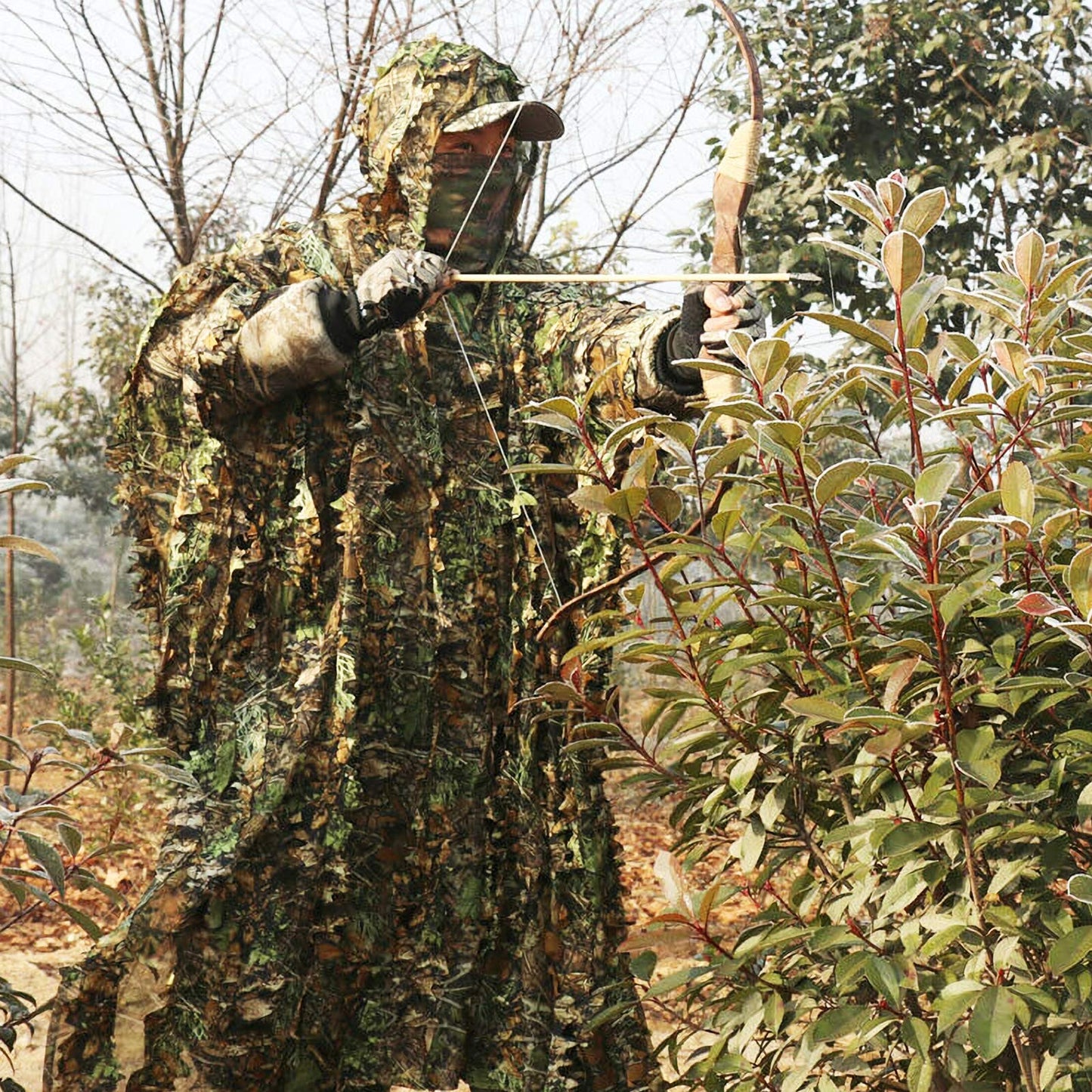 Outdoor Camouflage Ghillie Poncho 3D Leaves Hunting Cape Camouflage Cloak Stealth Ghillie Suit for Bird Watch Military CS Woodland