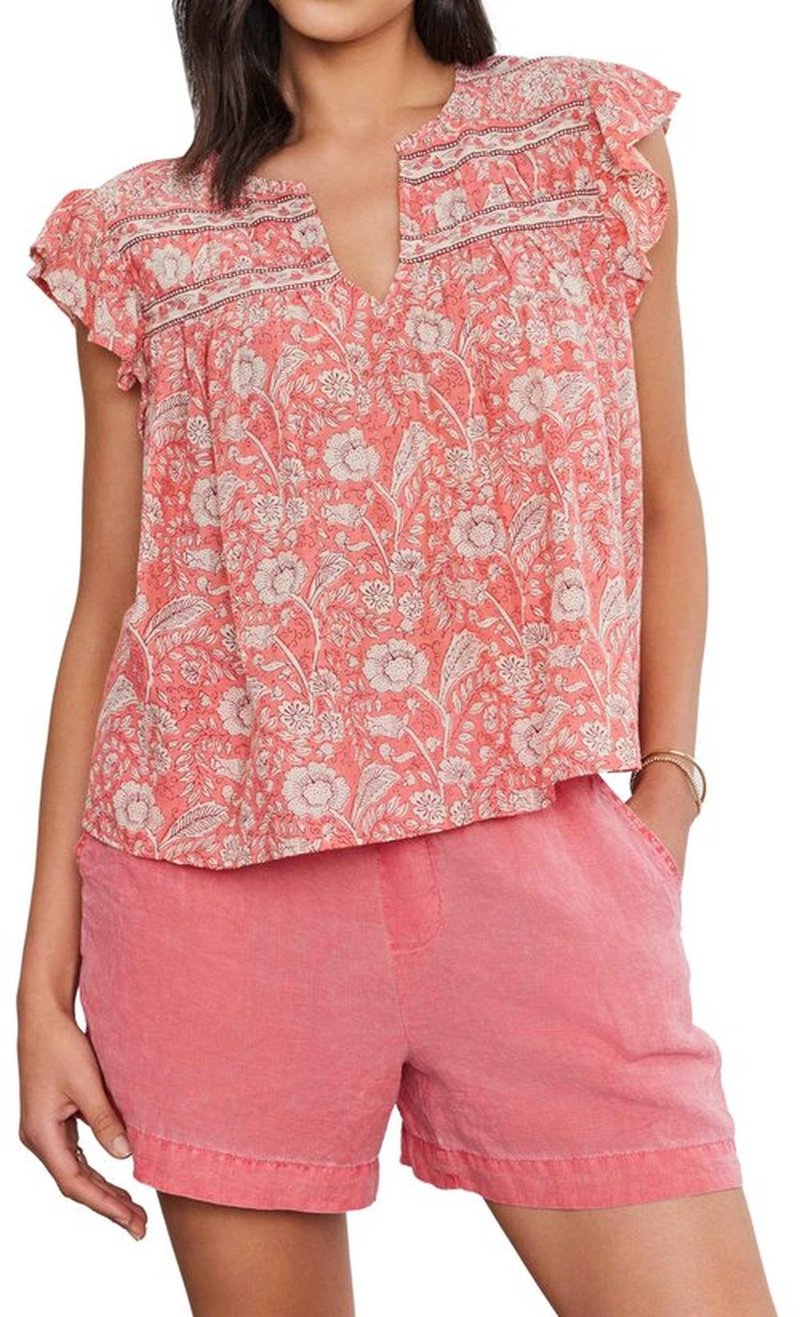 Velvet by Graham and Spencer Women's Kenzie Printed Voile Top, Rouge, XL