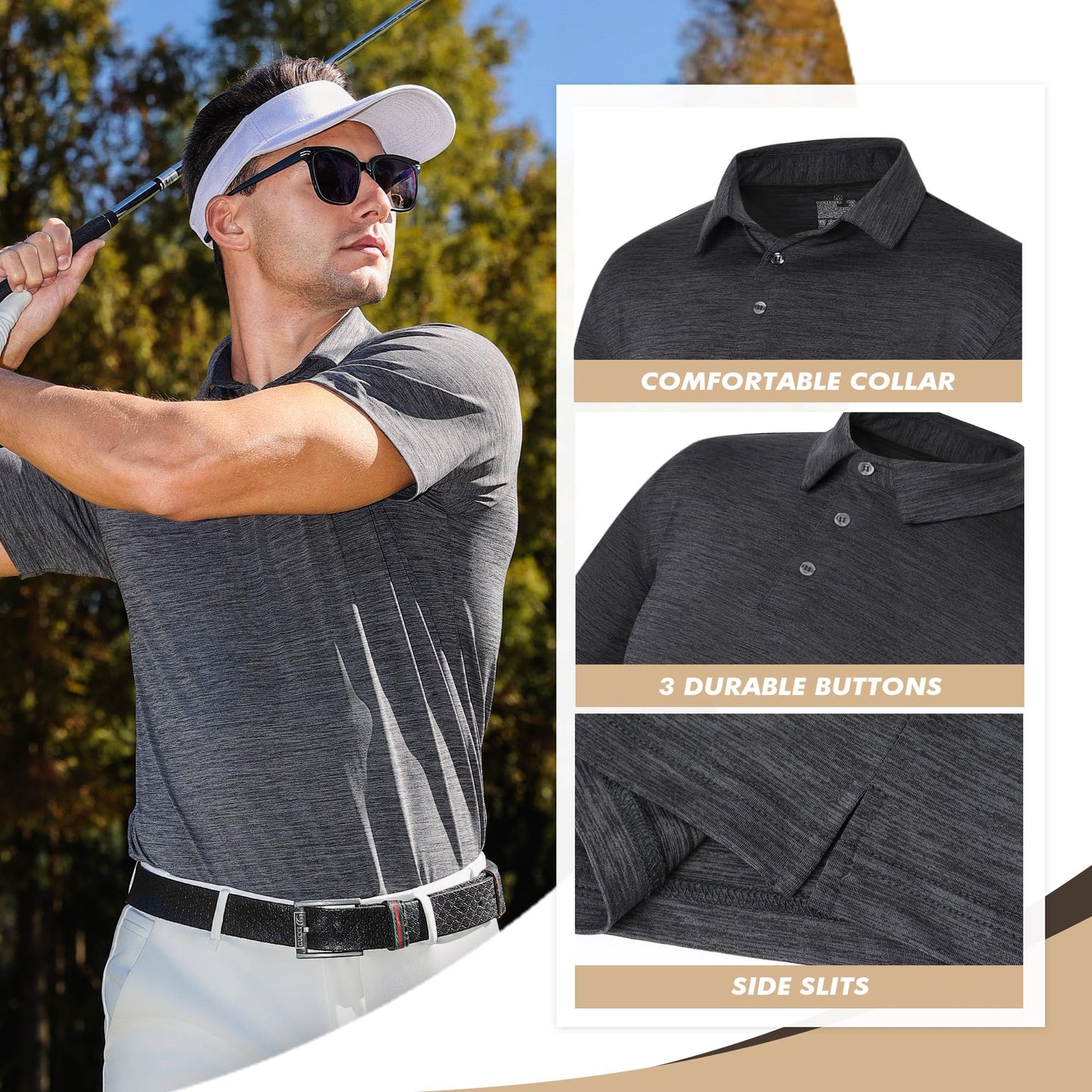BOOJO Polo Shirts for Men - Quick Dry Moisture Wicking Black Short Sleeve Performance Golf T Shirts for Casual Work Athletic