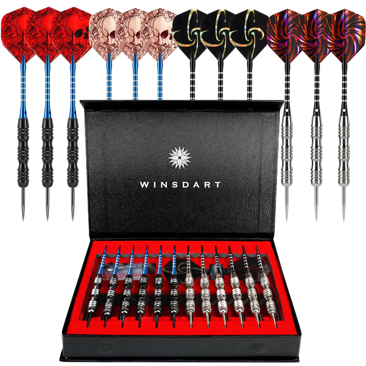 WINSDART Steel Tip Darts 12 Pack Set with Nonslip Iron Barrel Aluminum Dart Shafts and Flights Darts Sharpener an Gift Box (Black & Silver-Darts-A)