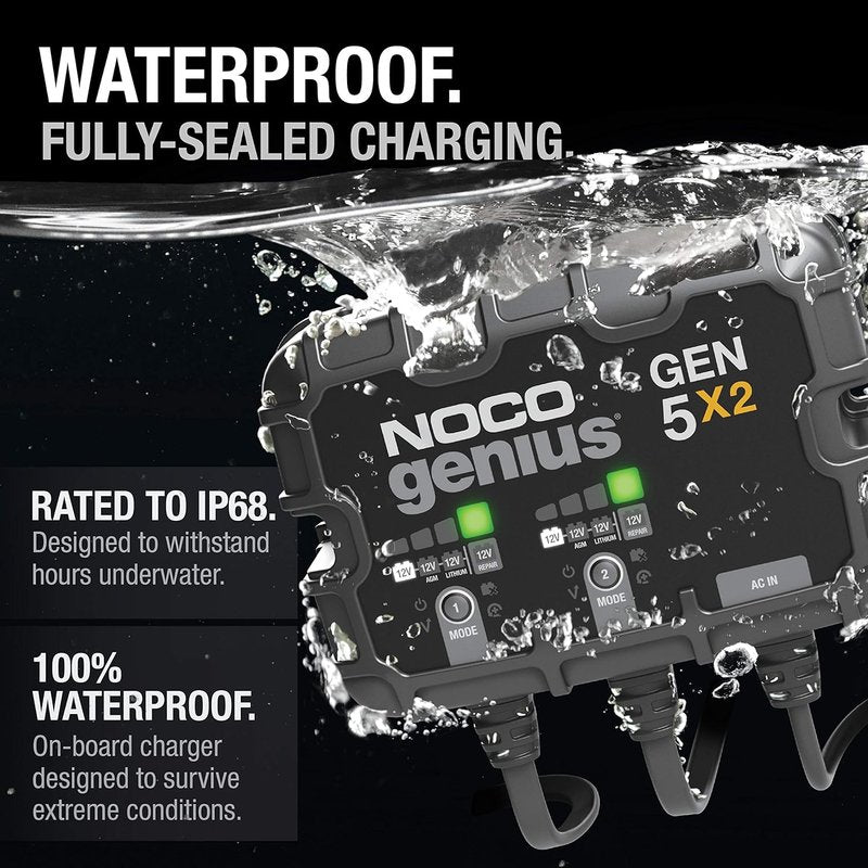 NOCO Genius 2-Bank Battery Charger | 10A Onboard Waterproof Marine Charger for Lead-Acid & Lithium Batteries - Overcharge Protection & Temperature Compensation